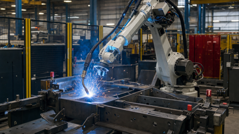 Industrial robotic welding cells and automation integration performing Industrial robotic arc welding cell for fabricated metal assemblies in a metal fabrication shop
