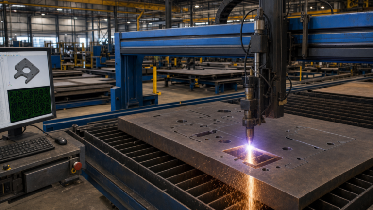 CNC plasma plate cutting within an integrated heavy-steel fabrication and finishing operation performing plasma cutting in a metal fabrication shop