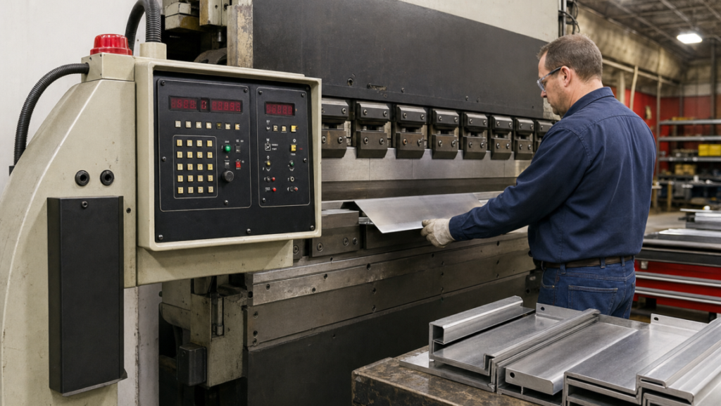 CNC Controls performing CNC press-brake bending with a programmable rear backgauge in a metal fabrication shop