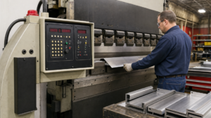CNC Controls performing CNC press-brake bending with a programmable rear backgauge in a metal fabrication shop