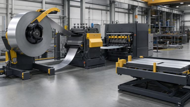 Compact coil-fed cut-to-length blanking line performing Compact coil-fed cut-to-length blanking in a metal fabrication shop