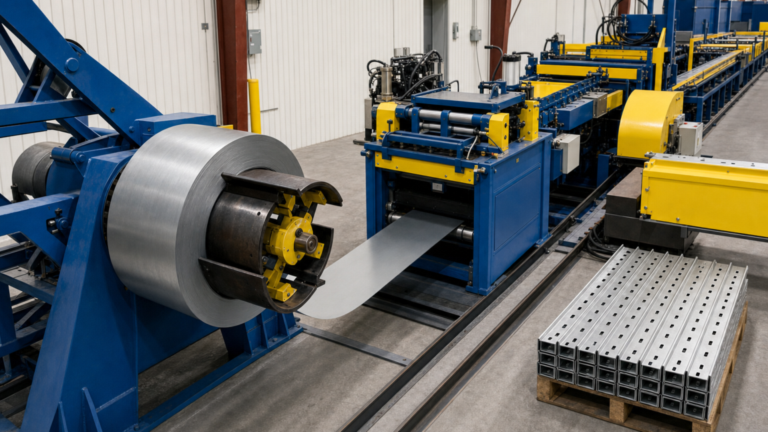 Coil entry and feeding performing coil processing in a metal fabrication shop