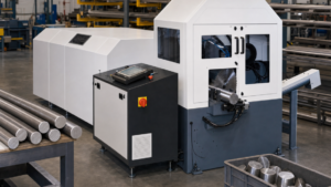 Carbide circular saw performing HYDMECH CSNC-200-style automated carbide circular sawing in a metal fabrication shop