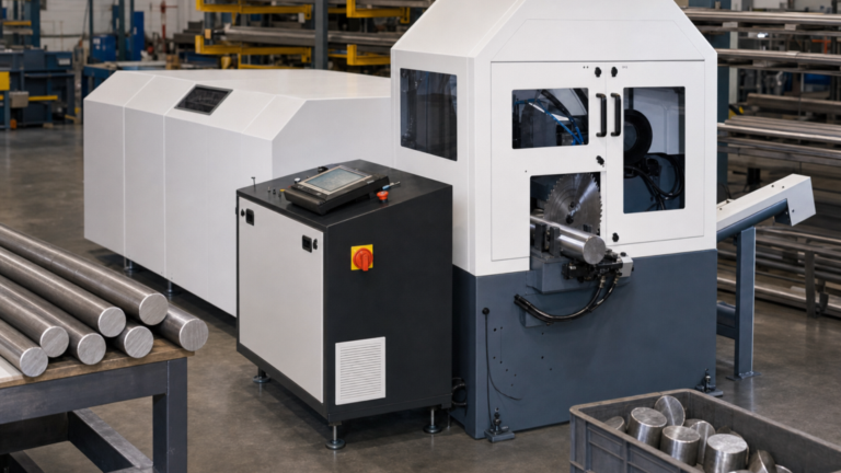 Carbide circular saw performing HYDMECH CSNC-200-style automated carbide circular sawing in a metal fabrication shop