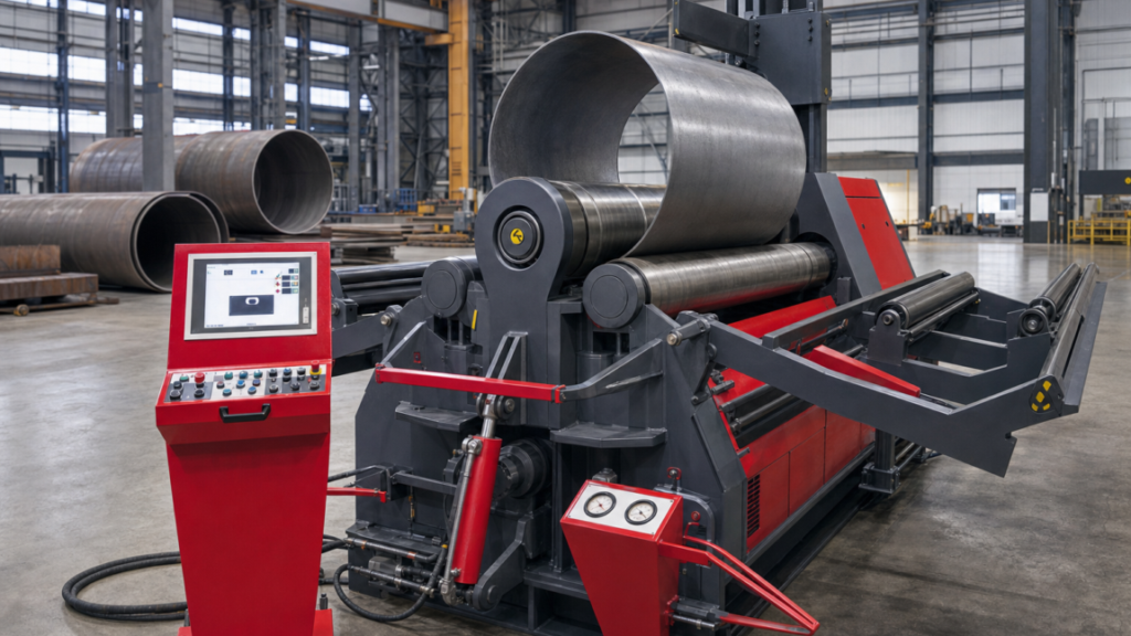 Four-roll plate rolls performing plate rolling in a metal fabrication shop