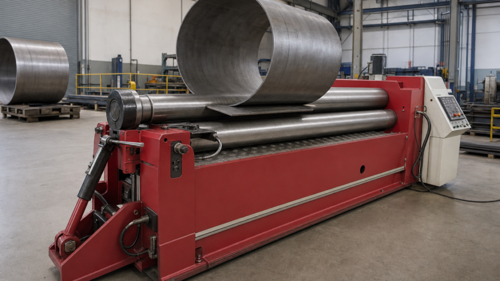 Plate and large-workpiece forming performing plate rolling in a metal fabrication shop