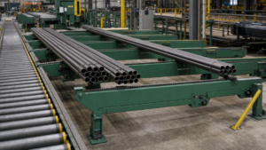Structural-steel cross transfers and roller-conveyor material handling performing Lateral cross transfer beside a structural-steel roller conveyor in a metal fabrication shop