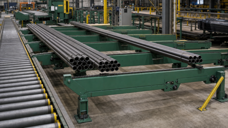 Structural-steel cross transfers and roller-conveyor material handling performing Lateral cross transfer beside a structural-steel roller conveyor in a metal fabrication shop