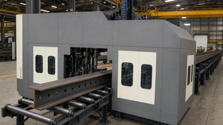 CNC structural beam drilling line performing structural beam processing in a metal fabrication shop
