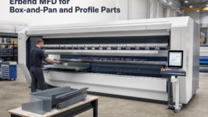 CNC motorized combi sheet-metal folding machine performing ERBEND MFD CNC motorized combi sheet-metal folder forming a cut-sheet part in a metal fabrication shop