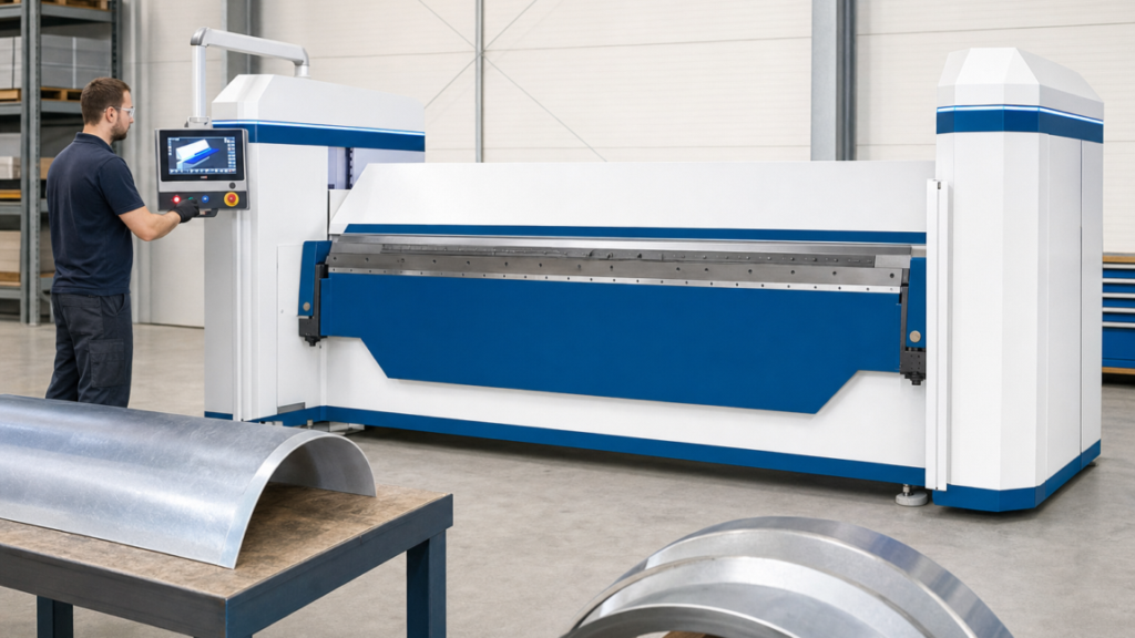 CNC sheet-metal folding machine performing ERBEND MFE-style CNC radius folding in a metal fabrication shop