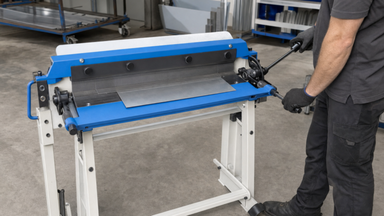 Manual sheet-metal folding machines, ERBEND UFA series performing ERBEND UFA manual sheet-metal folder forming a short roofing-trim blank in a metal fabrication shop