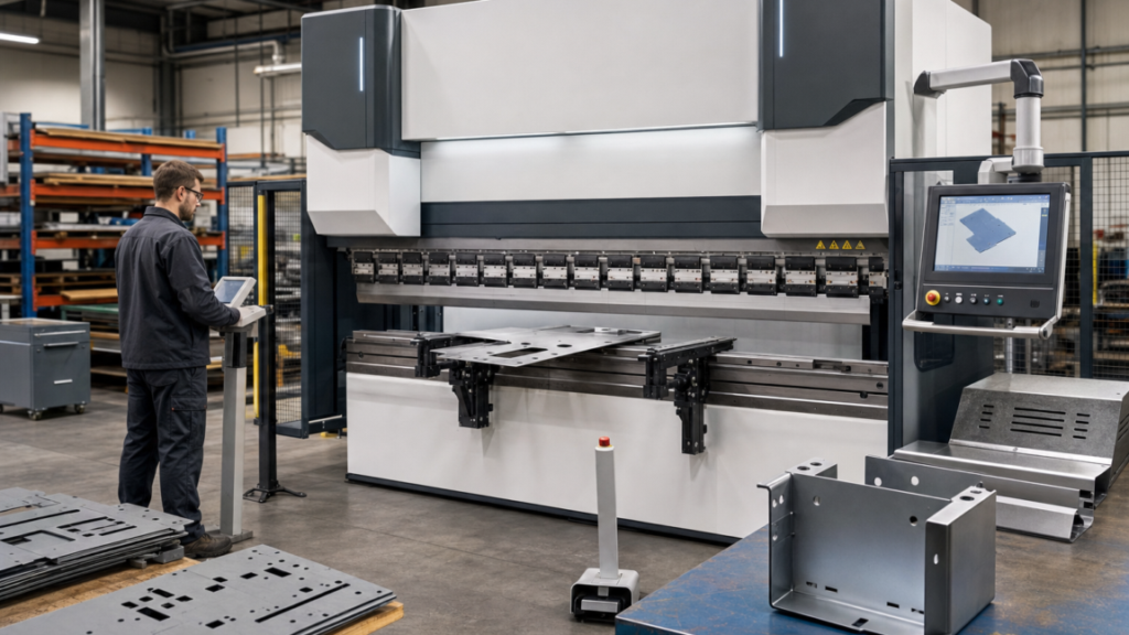 Laser and bending applications performing CNC press-brake air bending of a laser-cut sheet-metal blank in a metal fabrication shop