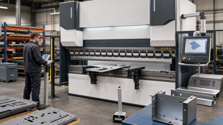 Laser and bending applications performing CNC press-brake air bending of a laser-cut sheet-metal blank in a metal fabrication shop