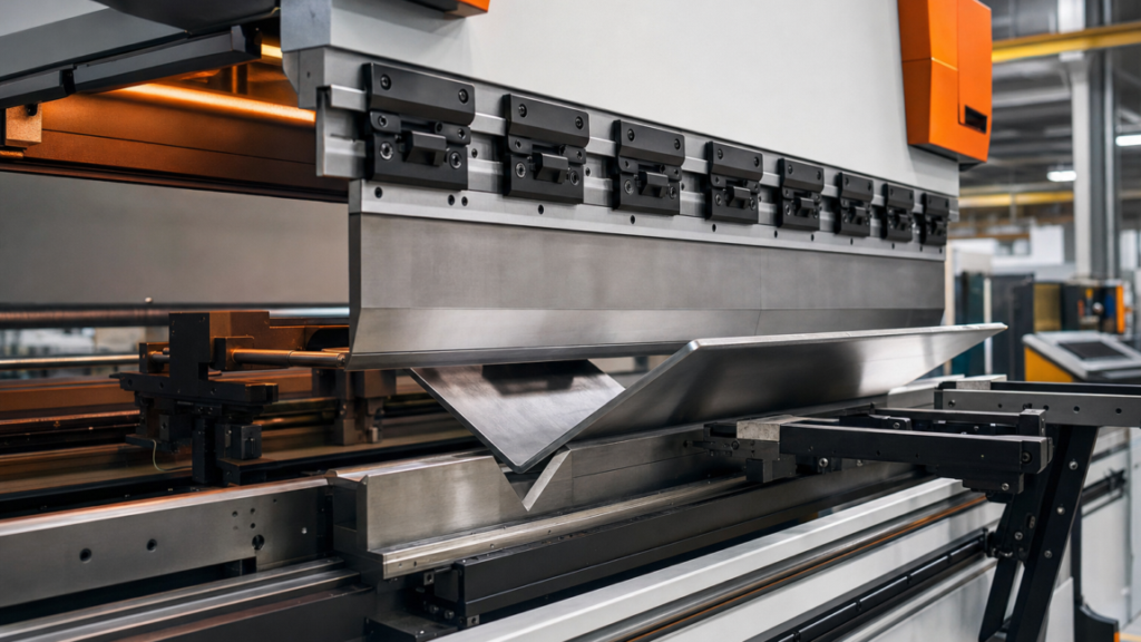 Bending and tooling; hydraulic CNC press brake performing Hydraulic CNC press-brake bending in a metal fabrication shop