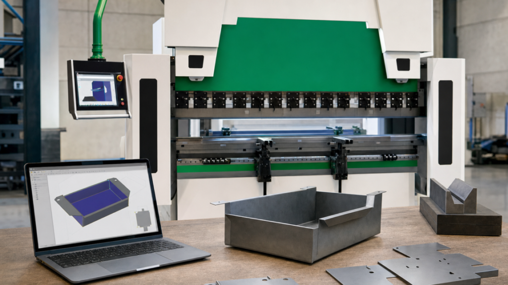 Hybrid CNC press brake performing EVO III CNC press-brake programming for box bending in a metal fabrication shop