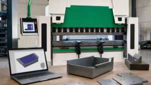 Hybrid CNC press brake performing EVO III CNC press-brake programming for box bending in a metal fabrication shop