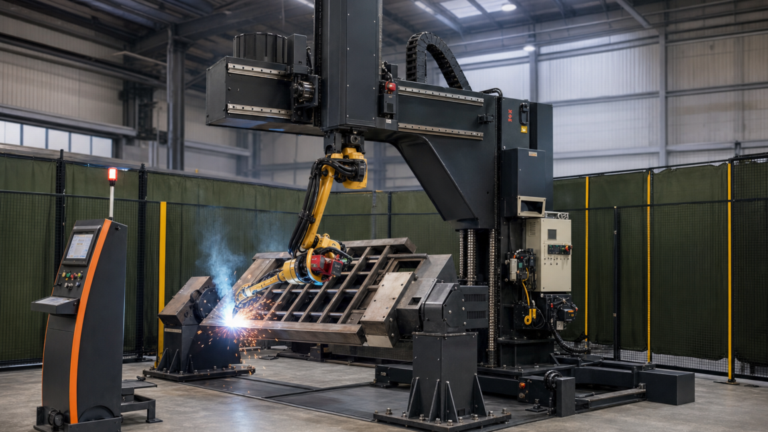Modular robotic welding systems performing AGT BLOK-type robotic arc welding of a fabricated steel frame in a metal fabrication shop