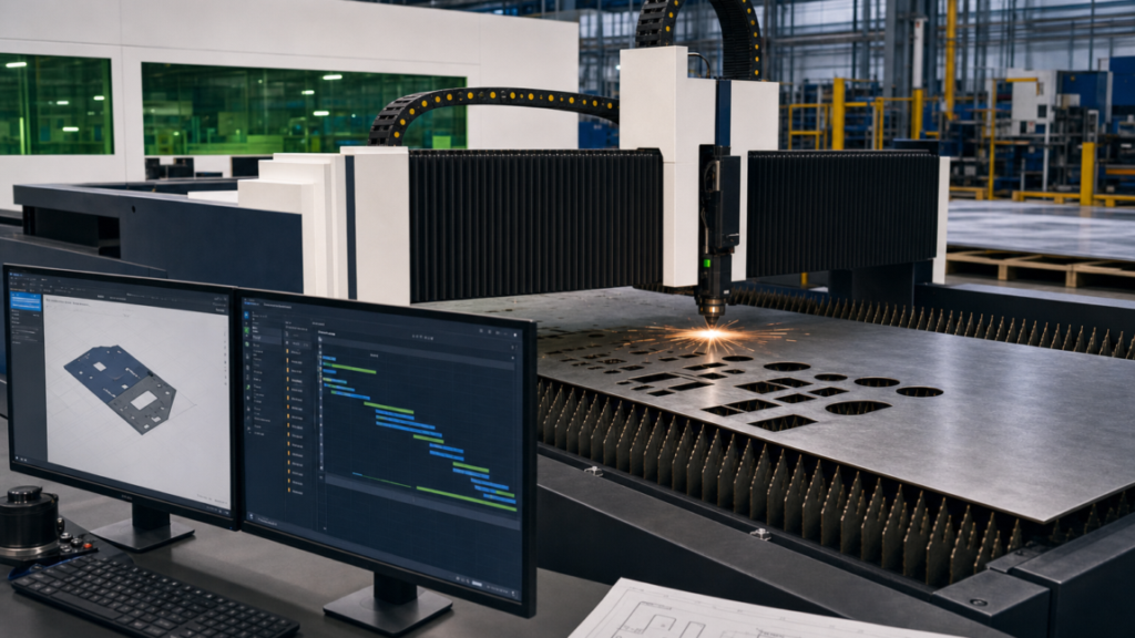 Fiber laser cutting machine performing fiber laser cutting in a metal fabrication shop