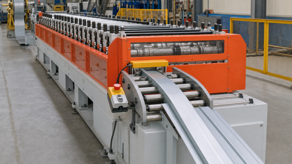 Roofing-profile roll-forming line performing Roofing roll forming with profiled cutoff in a metal fabrication shop