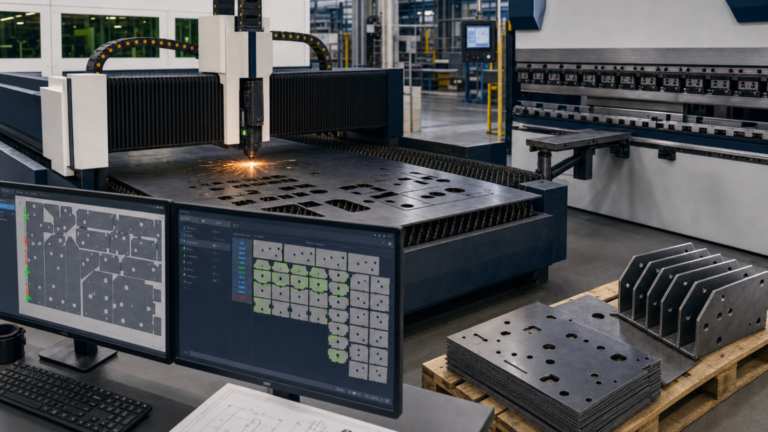 Cut-to-bend workflow performing fiber laser cutting in a metal fabrication shop