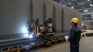 Mechanized welding and automation adoption performing Operator-monitored mechanized horizontal seam welding for plate-unit fabrication in a metal fabrication shop