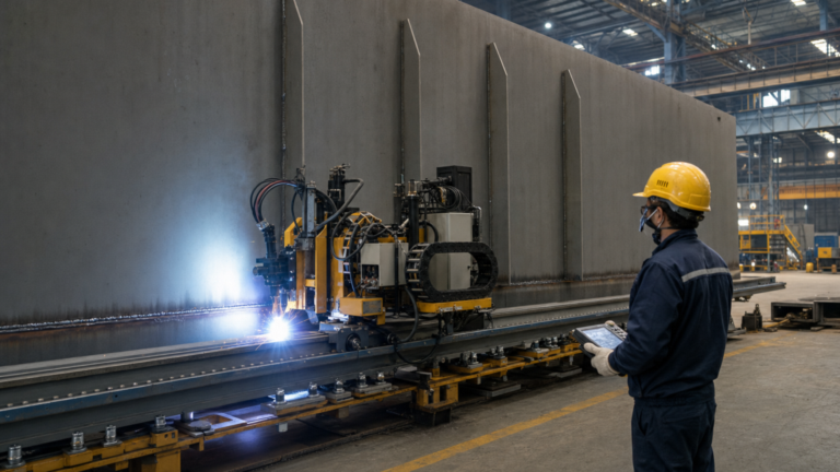 Mechanized welding and automation adoption performing Operator-monitored mechanized horizontal seam welding for plate-unit fabrication in a metal fabrication shop