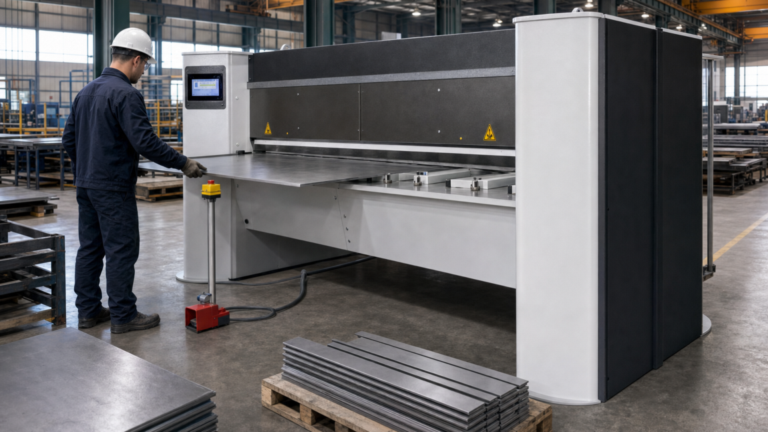 Hydraulic plate shear; manufacturer identifies its plate shear family as TS. The catalog item does not confirm a specific size or configuration. performing Hochstrate-style hydraulic plate shear cutting sheet or plate in a straight line in a metal fabrication shop