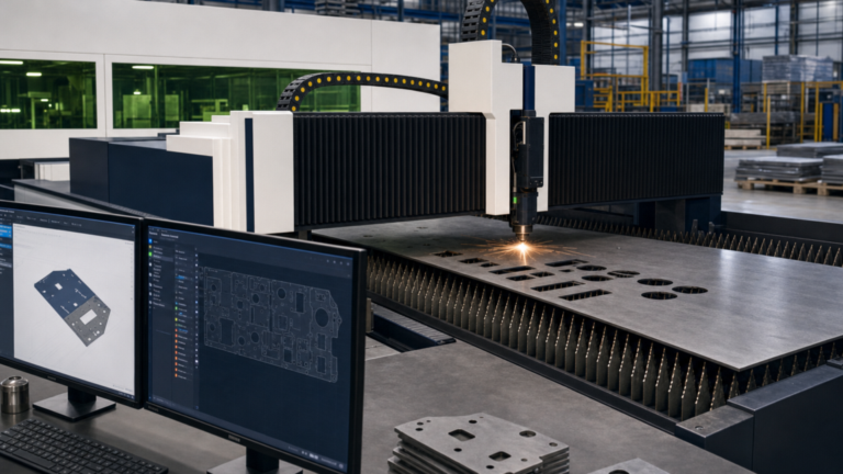 2D/flat fiber laser cutting, HSG GX family performing fiber laser cutting in a metal fabrication shop