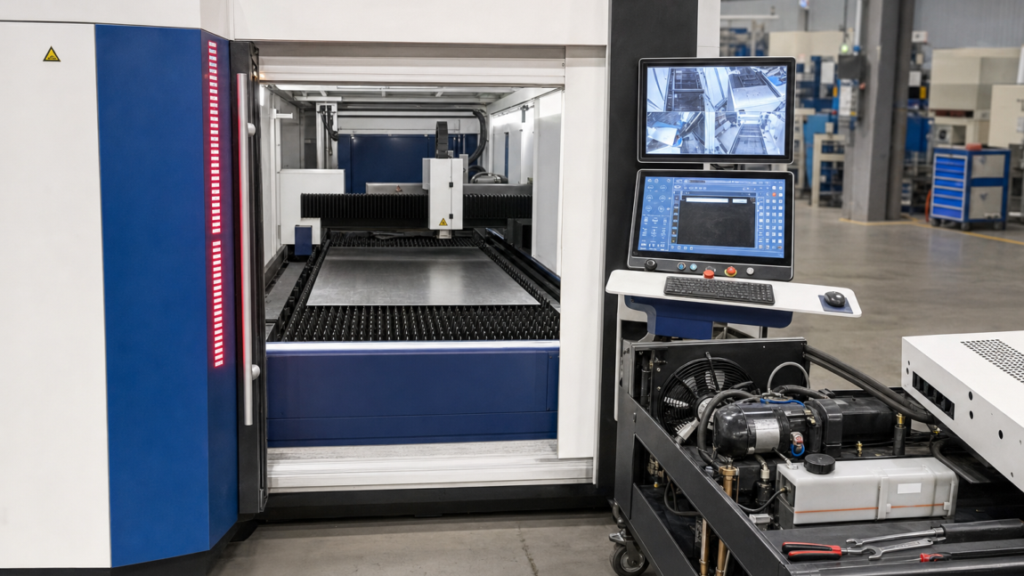 Enclosed CNC flat-sheet fiber laser cutting machine performing fiber laser cutting in a metal fabrication shop