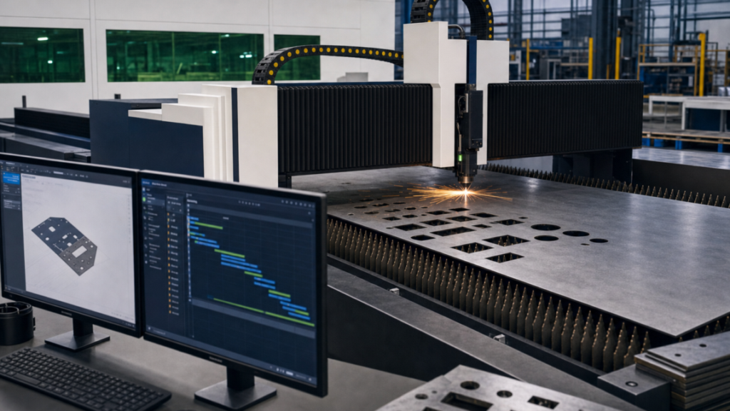HSG high-power sheet fiber laser; GX Pro is the closest official family reference, but the exact G3015XPRO model mapping and configuration must be confirmed. performing fiber laser cutting in a metal fabrication shop