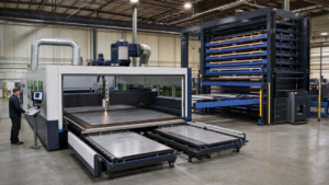 HSG G4020V enclosed 2D fiber-laser cutting with dual-pallet and six-shelf tower material handling in a metal fabrication shop