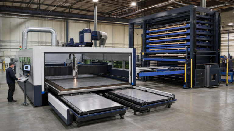 HSG G4020V enclosed 2D fiber-laser cutting with dual-pallet and six-shelf tower material handling in a metal fabrication shop