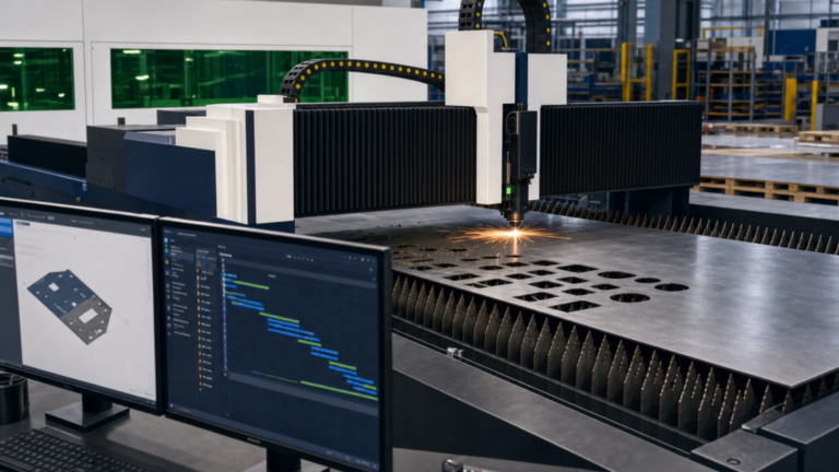 Large-format sheet fiber laser performing fiber laser cutting in a metal fabrication shop