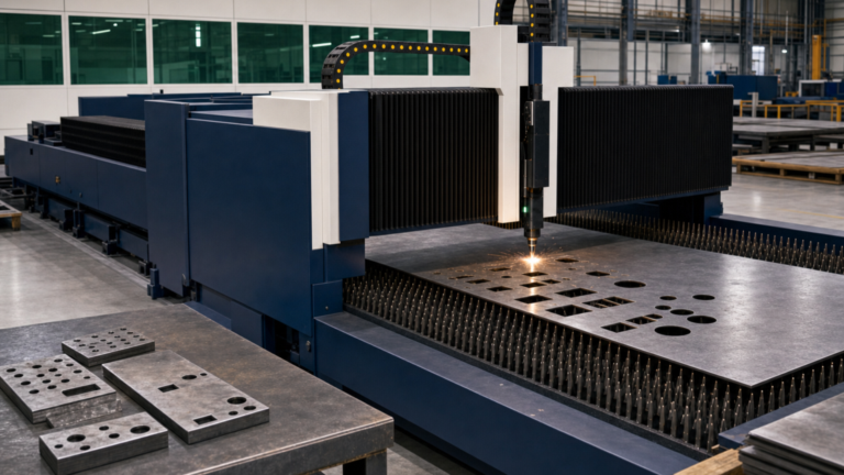 Large-format sheet and plate fiber laser cutting systems performing fiber laser cutting in a metal fabrication shop