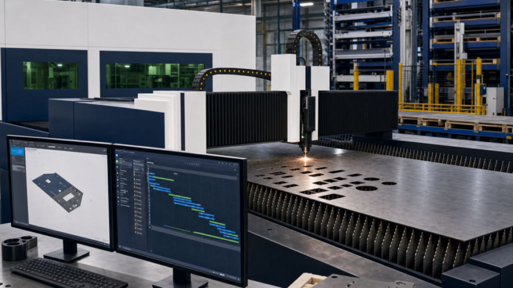 Enclosed flat-sheet fiber laser with optional automated storage, loading and unloading performing fiber laser cutting in a metal fabrication shop