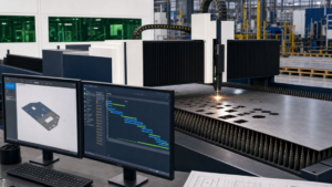 Enclosed 2D flat-sheet fiber laser performing fiber laser cutting in a metal fabrication shop