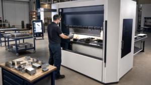 CNC press-brake bending of small, variable sheet-metal parts in a metal fabrication shop