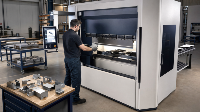 CNC press-brake bending of small, variable sheet-metal parts in a metal fabrication shop