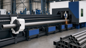 High-speed tiny tube laser cutting machine performing CNC tube laser cutting in a metal fabrication shop