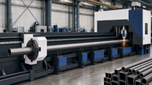 Small-tube fiber laser cutting machine performing CNC tube laser cutting in a metal fabrication shop