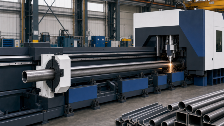 Dual-chuck tube fiber laser cutting machine for small and medium tube processing. performing CNC tube laser cutting in a metal fabrication shop