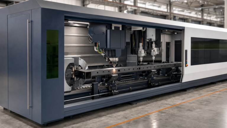 HSG TPSD tube fiber-laser cutting machine performing fiber laser cutting in a metal fabrication shop