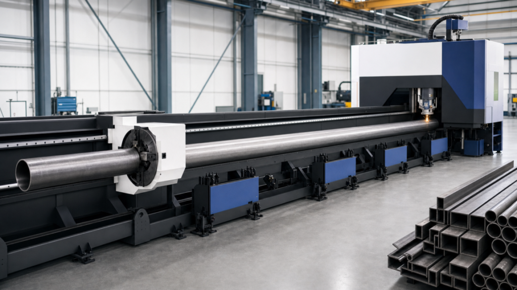 Tube laser cutting machine performing CNC tube laser cutting in a metal fabrication shop