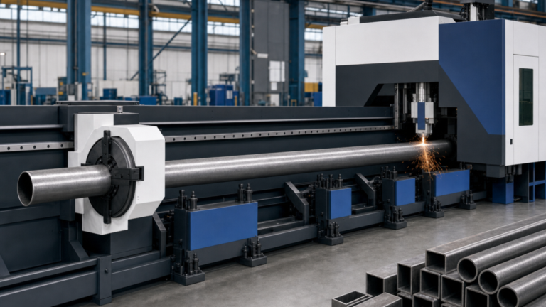 Tube laser cutting machine performing CNC tube laser cutting in a metal fabrication shop