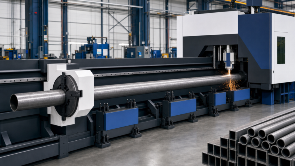 Automated tube fiber-laser cutting machine performing CNC tube laser cutting in a metal fabrication shop