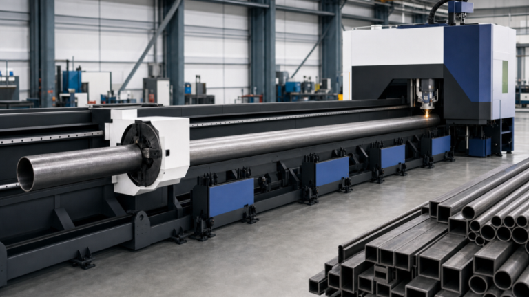 Tube laser cutting machines performing CNC tube laser cutting in a metal fabrication shop