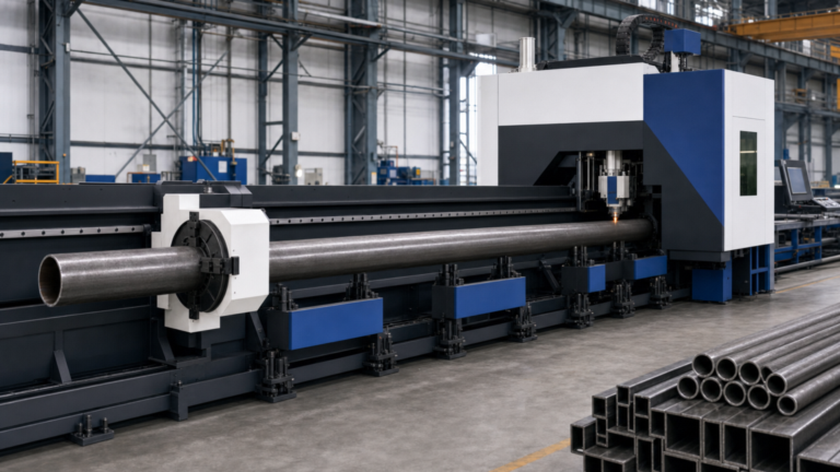 Heavy-duty tube laser with automatic material loading and unloading performing CNC tube laser cutting in a metal fabrication shop