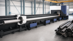 Heavy-duty tube laser cutting machine performing CNC tube laser cutting in a metal fabrication shop