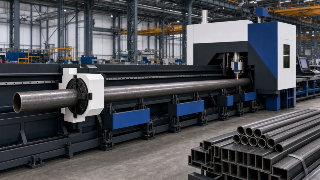Heavy-duty CNC tube laser with automated material handling performing CNC tube laser cutting in a metal fabrication shop